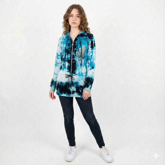 Sledge Vintage Hoodie Medium Zip Tie-Dye Rhinestone Blue Y2K Grunge Long Pockets - Picture 1 of 11